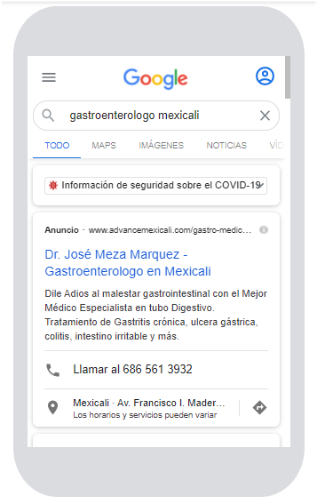 Muestra de resultados google ads y google mi negocio en mexicali
